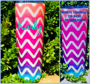 Chevron Neon Ombre Holographic UV Glitter Tumbler - Personalized, Neon Colors Orange Pink Purple Blue Teal - Stainless Steel, Insulated