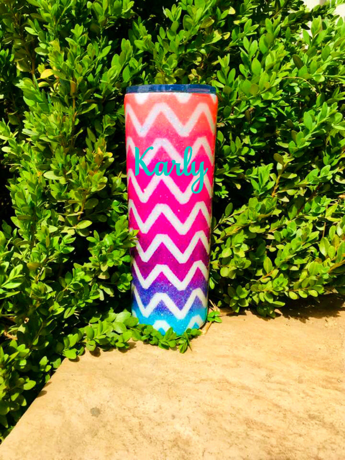 Chevron Neon Ombre Holographic UV Glitter Tumbler - Personalized, Neon Colors Orange Pink Purple Blue Teal - Stainless Steel, Insulated