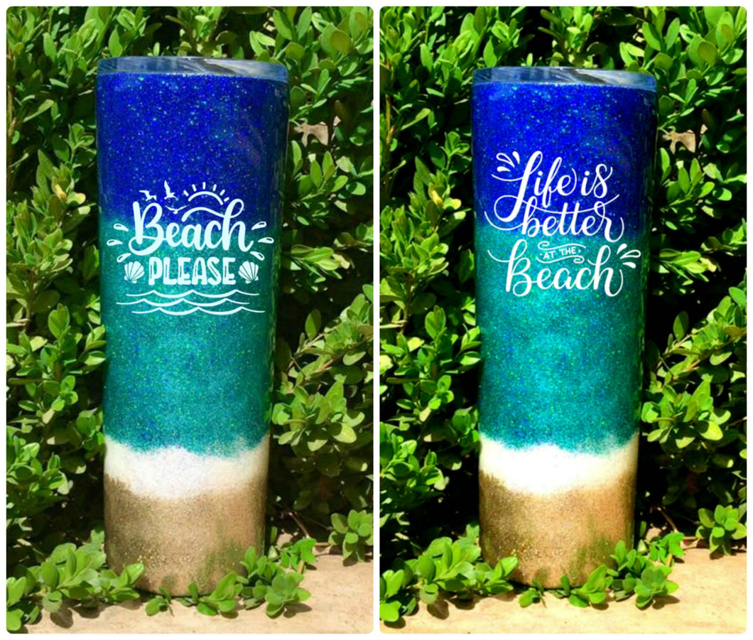 Beach Please Tumbler, Life is better at the beach tumbler - Personalized, Glitter Beach Tumbler, Stainless Steel, Holographic Glitter, 20 oz