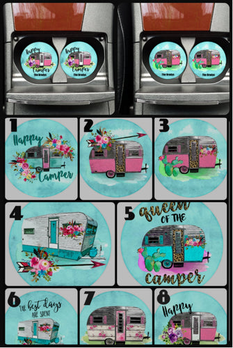 Camper Personalized Car Coasters, Camping Car Coasters, Happy Camper, Glamping, Camping Gift, RV, Travel Gift, You Choose Design, Set of 2