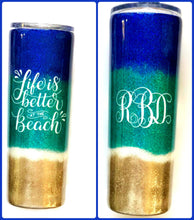 Load image into Gallery viewer, Beach Please Tumbler, Life is better at the beach tumbler - Personalized, Glitter Beach Tumbler, Stainless Steel, Holographic Glitter, 20 oz