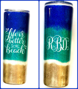 Beach Please Tumbler, Life is better at the beach tumbler - Personalized, Glitter Beach Tumbler, Stainless Steel, Holographic Glitter, 20 oz