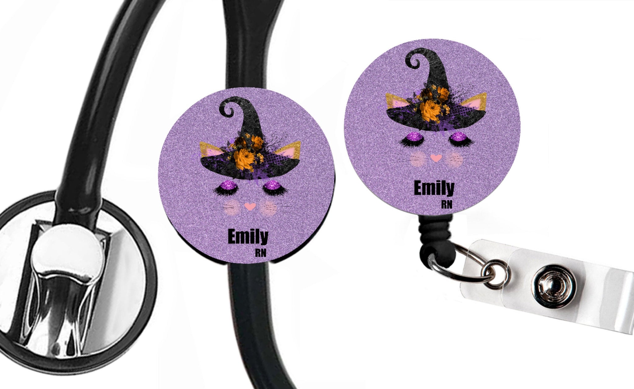 Halloween Stethoscope Tag, Badge Reel Halloween Cat, Cat Nurse