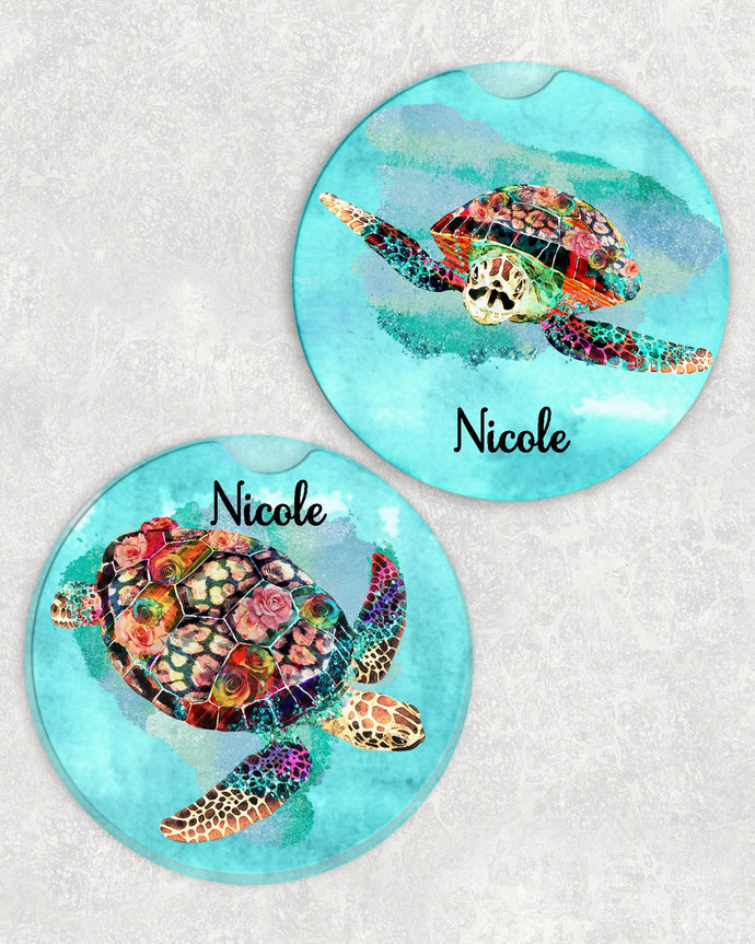 Sea Turtle Personalized Car Coasters Set of 2 - Customized - Beach, Ocean, Water - 2 Designs - Gift for Mom - Custom Gift - Auto Accessories