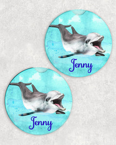 Dolphin Personalized Car Coasters Set of 2 - Customized - Beach, Ocean, Water, Fish, Dolphins - Gift for Mom - Custom Gift - Car Accessories