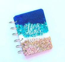 Load image into Gallery viewer, Beach Glitter Notebook, Life is Better at the Beach, Palm Trees, Ocean, Handmade Notebook, Glitter Notebook, Notebook Cover, Epoxy Notebook