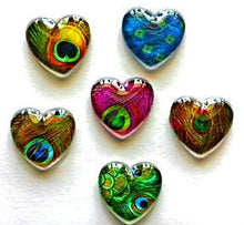 Load image into Gallery viewer, Heart Magnets - Gift for Mom - Peacock Feathers - Teacher Gift - FREE U.S. SHIPPING - Peacock - Set of 6 - 1 Inch Domed Glass Hearts