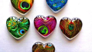 Heart Magnets - Gift for Mom - Peacock Feathers - Teacher Gift - FREE U.S. SHIPPING - Peacock - Set of 6 - 1 Inch Domed Glass Hearts