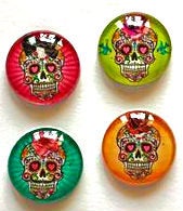 Sugar Skull Magnets - Skull Necklace Cabochon Supplies - Set of 4 - 1 Inch Domed Glass Circles with or without magnets