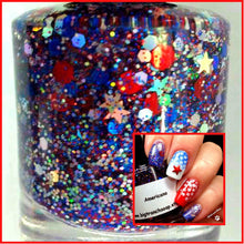 Load image into Gallery viewer, Patriotic Nail Polish - Red, Blue and Silver Top Coat - Free U.S. Shipping - &quot;AMERICANA&quot; - Hand Blended - 0.5 oz Full Sized Bottle