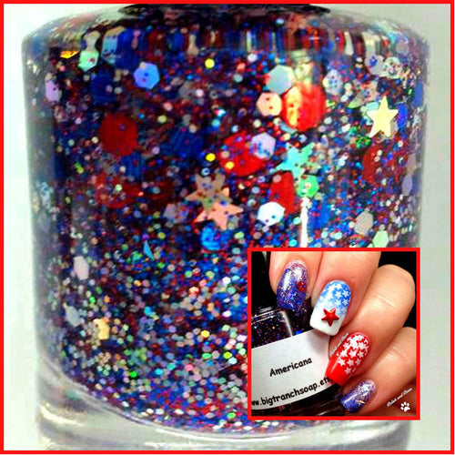 Patriotic Nail Polish - Red, Blue and Silver Top Coat - Free U.S. Shipping - 
