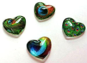 Magnets - Peacock Feathers - Peacock - Set of 4 - Free U.S. Shipping - 1 Inch Domed Glass Hearts