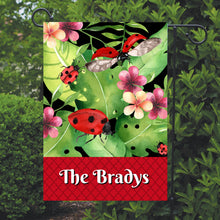 Load image into Gallery viewer, Ladybug Floral Garden Flag, Personalized, Garden Flag, Name Garden Flag, Yard Decor, Ladybug Gift, Ladybugs, Summer Yard Flag, Flowered Flag
