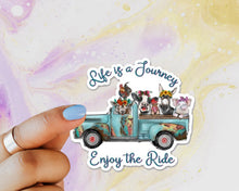 Load image into Gallery viewer, Life is a Journey Enjoy the Ride Farm Animals Truck Sticker, Cow, Chicken, Goat, Donkey, Pig, Country, Farm, Rustic Truck, Vintage Truck