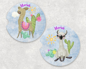 Llama Cactus Personalized Car Coasters Set of 2 - Customized - Animal Gift, Llamas, Car Accessories, Name car Coasters, Llama, Cactus Gift