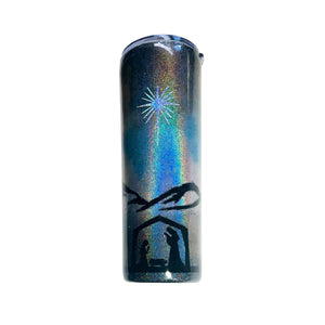 Christmas Nativity Scene Holographic Glitter Tumbler Cup Double Wall Stainless Steel, Name Optional, Baby Jesus, Mary, Insulated, 20 oz