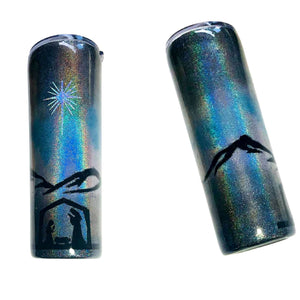 Christmas Nativity Scene Holographic Glitter Tumbler Cup Double Wall Stainless Steel, Name Optional, Baby Jesus, Mary, Insulated, 20 oz