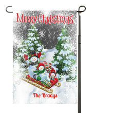 Load image into Gallery viewer, Sledding Snowman Merry Christmas Garden Flag, Personalized Garden Flag, Christmas Garden Flag, Family Gift, Custom Garden Flag, Snowmen, Christmas Decor