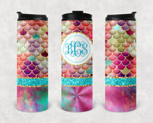 Load image into Gallery viewer, Coral and Aqua Mermaid Scales Personalized Vinyl Wrap Epoxy Tumbler, Monogram, Mom Gift, Travel Cup, Custom Tumbler, Mermaid Gift, 17 oz