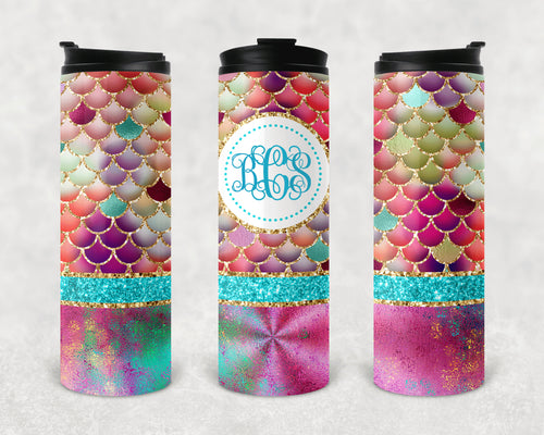 Coral and Aqua Mermaid Scales Personalized Vinyl Wrap Epoxy Tumbler, Monogram, Mom Gift, Travel Cup, Custom Tumbler, Mermaid Gift, 17 oz