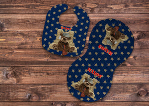 Military Bear Bib and Burp Cloth Set, Personalized, Newborn, Baby, Baby Shower Gift, Baby Gift, Bear Gift, Army Baby, Blue, Brown, Red