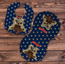 Load image into Gallery viewer, Military Bear Bib and Burp Cloth Set, Personalized, Newborn, Baby, Baby Shower Gift, Baby Gift, Bear Gift, Army Baby, Blue, Brown, Red