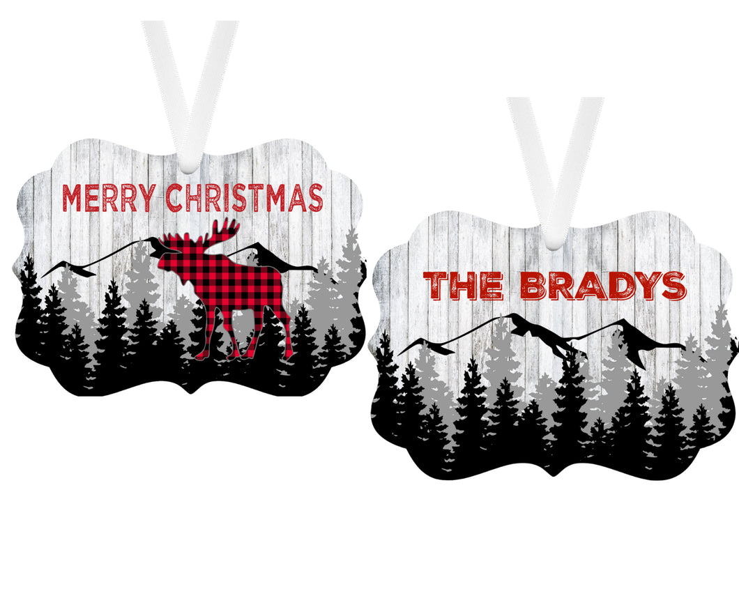 Buffalo Plaid Faux Wood Moose Merry Christmas Holiday Ornament, Personalized Christmas Ornament, Family Gift, Custom Ornament, Moose Decor