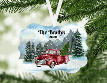 Load image into Gallery viewer, Red Truck Personalized Christmas Ornament, Name Christmas Ornament, Mountains, Custom Ornament, Red Truck, Family Gift, Country Christmas