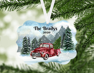 Red Truck Personalized Christmas Ornament, Name Christmas Ornament, Mountains, Custom Ornament, Red Truck, Family Gift, Country Christmas