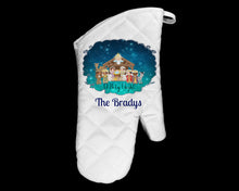 Load image into Gallery viewer, Nativity Manger Personalized Oven Mitt Pot Holder Towel Christmas Gift Set, O Holy Night, Housewarming Gift, Hostess Gift, Kitchen Set