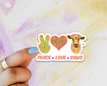 Load image into Gallery viewer, Peace Love Cows Sticker, Cow Sticker, Cow Sticker for Laptops, Cows, Water Bottles, Gift for Cow Lovers, Cow, 4-H Cows, Hippie Cow, Peace
