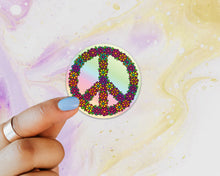 Load image into Gallery viewer, Peace Sign Floral Holographic Sticker, Peace, Retro, Holographic Sticker, Laptop Sticker, Sticker Collector, Hippie, Floral Peace Sign