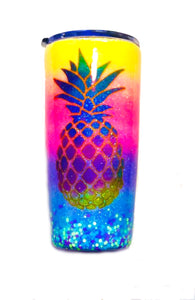 Pineapple Tropical Personalized Glitter Tumbler with Lid - Ombre - Neon Yellow, Neon Pink, Neon Purple, Neon Blue - Luau - Insulated - 20 oz