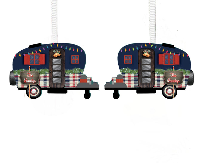 Christmas Camper with Christmas Lights and Name Ornament, Personalized, Plaid Camper Ornament, Name Ornament, Camping, Couple Gift