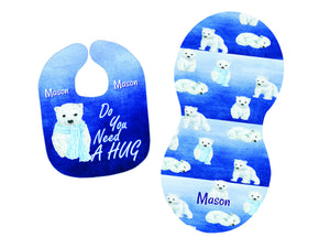 Personalized Polar Bear Bib and Burp Cloth Set - Blue and White - Newborn, Baby, Baby Shower Gift, Bib with Name, New Baby Gift, Bear Gift