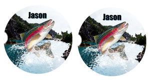 Rainbow Trout Fishing Ceramic Car Coasters, Personalized, Set of 2, Trout Coaster, Car Coasters for Men, Fish Coaster, Gift for Fisherman
