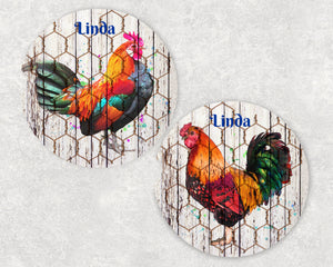 Roosters Ceramic Car Coasters, Personalized Set of 2, Roosters Car Coaster, Sandstone Car Coaster, Chicken, Rooster Gifts, 4-H, Farm Gift