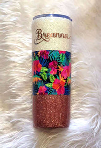 Personalized Rose Gold Glitter Tumbler, One of a Kind, Tropical Flower Design, Gift for Mom, Insulated, Tumbler, Tumbler Gift, Floral, 20 oz