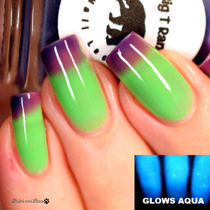 Color Changing and Glow Thermal Nail Polish - Ombre Purple/Green/Blue- Glows Aqua - 