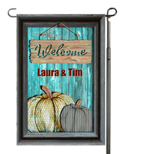 Load image into Gallery viewer, Rusty Tin Pumpkin Garden Flag, Personalized, Fall Garden Flag, Autumn Garden Flag, Fall Decor, Fall Yard Decor, Pumpkin Flag, Name Flag
