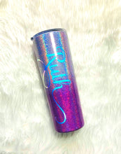 Load image into Gallery viewer, Holographic Glitter Personalized Tumbler, Purple, Insulated, Custom Name Tumbler, Linear Holographic Tumbler, Gift for Mom, Skinny 20 oz
