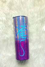 Load image into Gallery viewer, Holographic Glitter Personalized Tumbler, Purple, Insulated, Custom Name Tumbler, Linear Holographic Tumbler, Gift for Mom, Skinny 20 oz