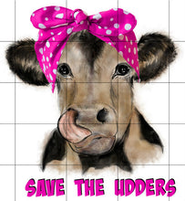 Load image into Gallery viewer, Breast Cancer Awareness Save the Udders Cow Sublimation Transfer, Pink, October, Ready to Press