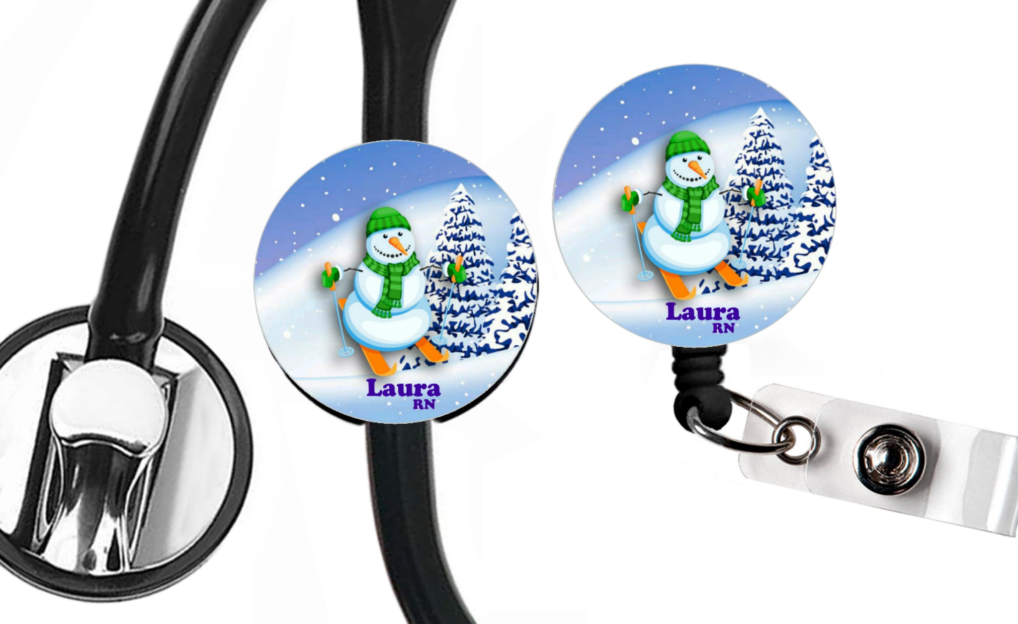 Stethoscope Badge Reel ID Tag Snowman Personalized, Winter Nurse Steth –  Big T Ranch Colorado