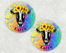 Load image into Gallery viewer, Cow Sunflower Personalized Car Coasters, Flower Coaster, Cow, Cows, Name Coasters, Personalized Coaster, Sandstone Coasters, Set of 2