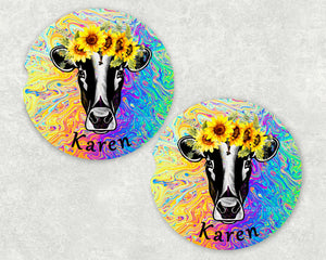 Cow Sunflower Personalized Car Coasters, Flower Coaster, Cow, Cows, Name Coasters, Personalized Coaster, Sandstone Coasters, Set of 2