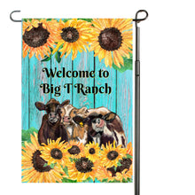 Load image into Gallery viewer, Cow Sunflower Garden Flag, Personalized, Garden Flag, Name Garden Flag, Cow Decor, Cow Flag, Cows, Cow Lover Gift, Yard Decoration, Ranch