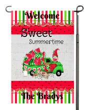 Load image into Gallery viewer, Gnome Watermelon Garden Flag, Sweet Summertime Personalized, Summer Garden Flag, Name Garden Flag, Watermelon Decor, Watermelon Flag