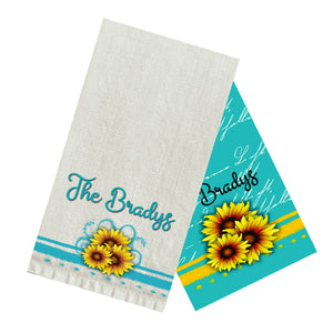Sunflower and Teal Kitchen Towel Personalized, Gifts for Mom, Sunflower Gift. Housewarming Gift, Hostess Gift, Wedding Gift, Tea Towel
