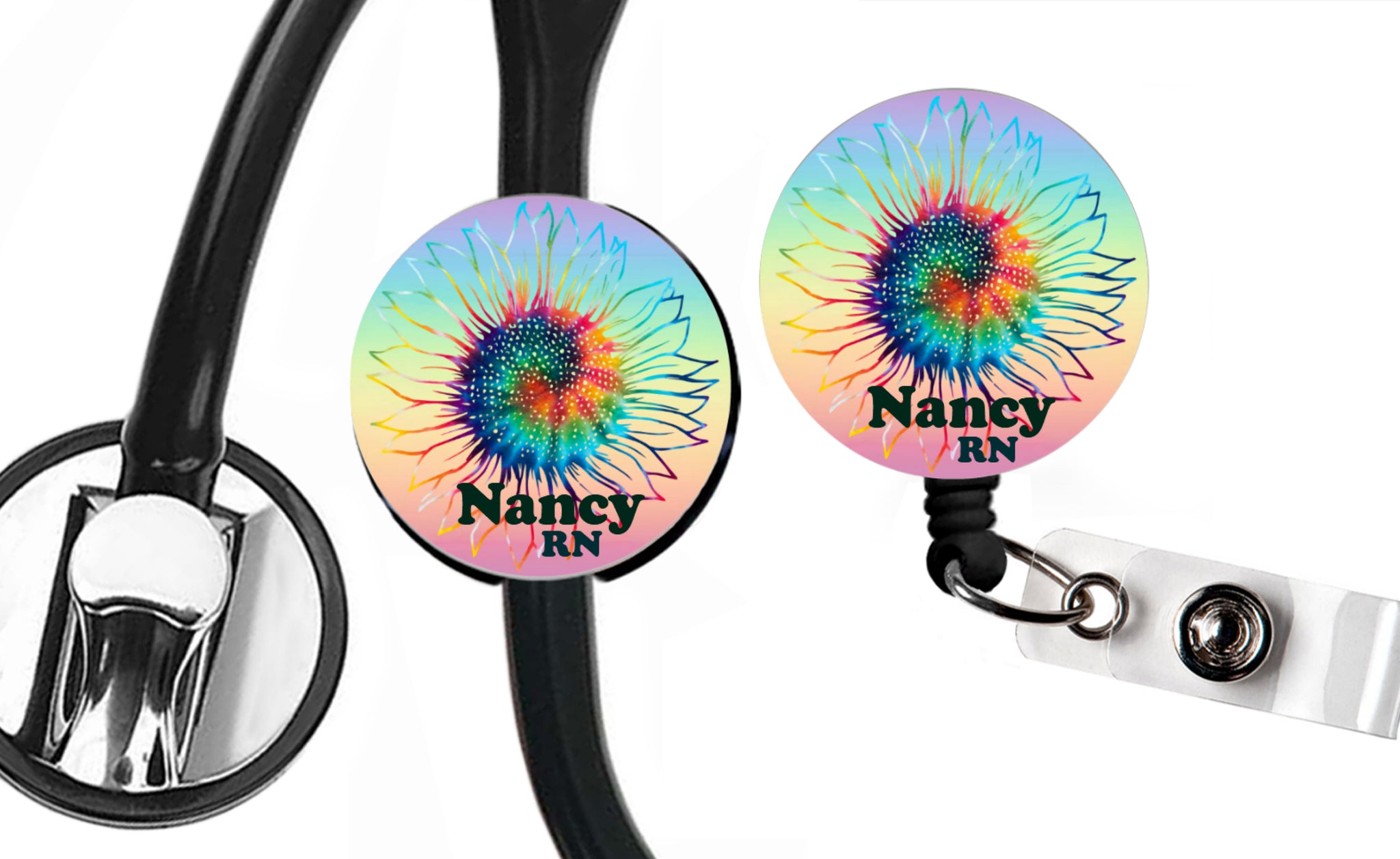 Stethoscope Badge Reel ID Tag Tie Dye Sunflower Personalized